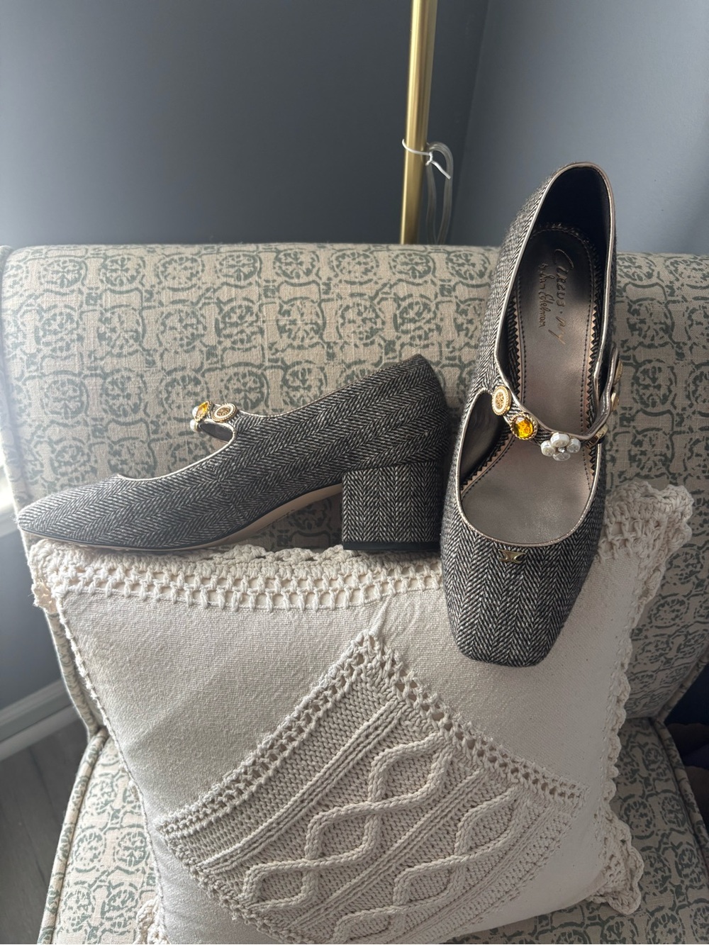 Sam Edelman Gray Herringbone Mary Jane Block Heels with Jewel Buttons - Picture 4 of 4